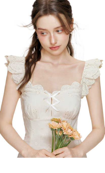 Embroidered Lace Flutter Sleeve Dress