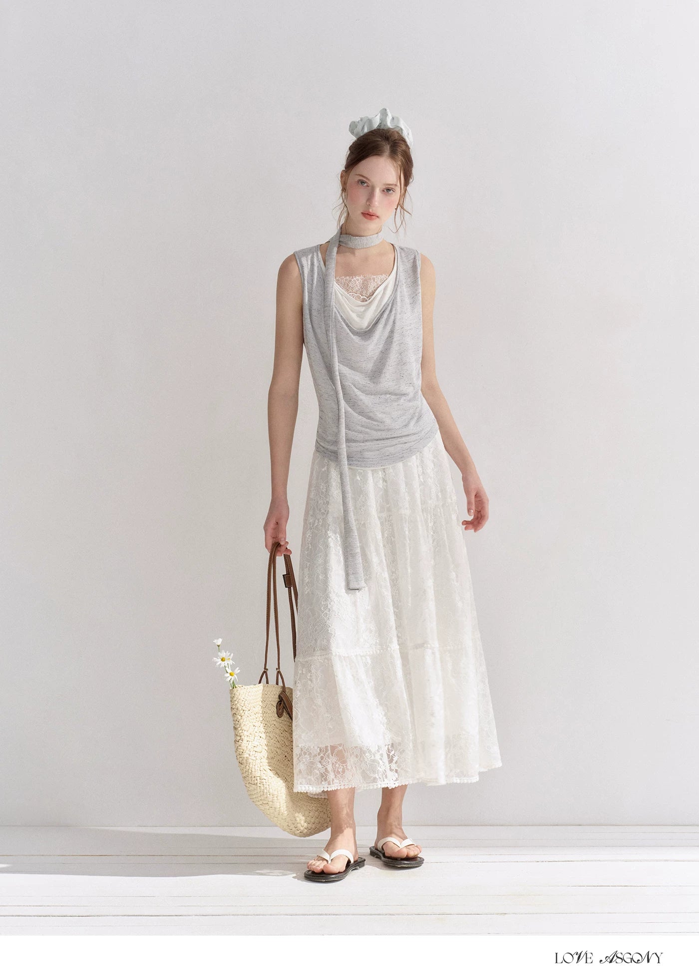 Lace Trim Elastic Waist A-line Long Skirt