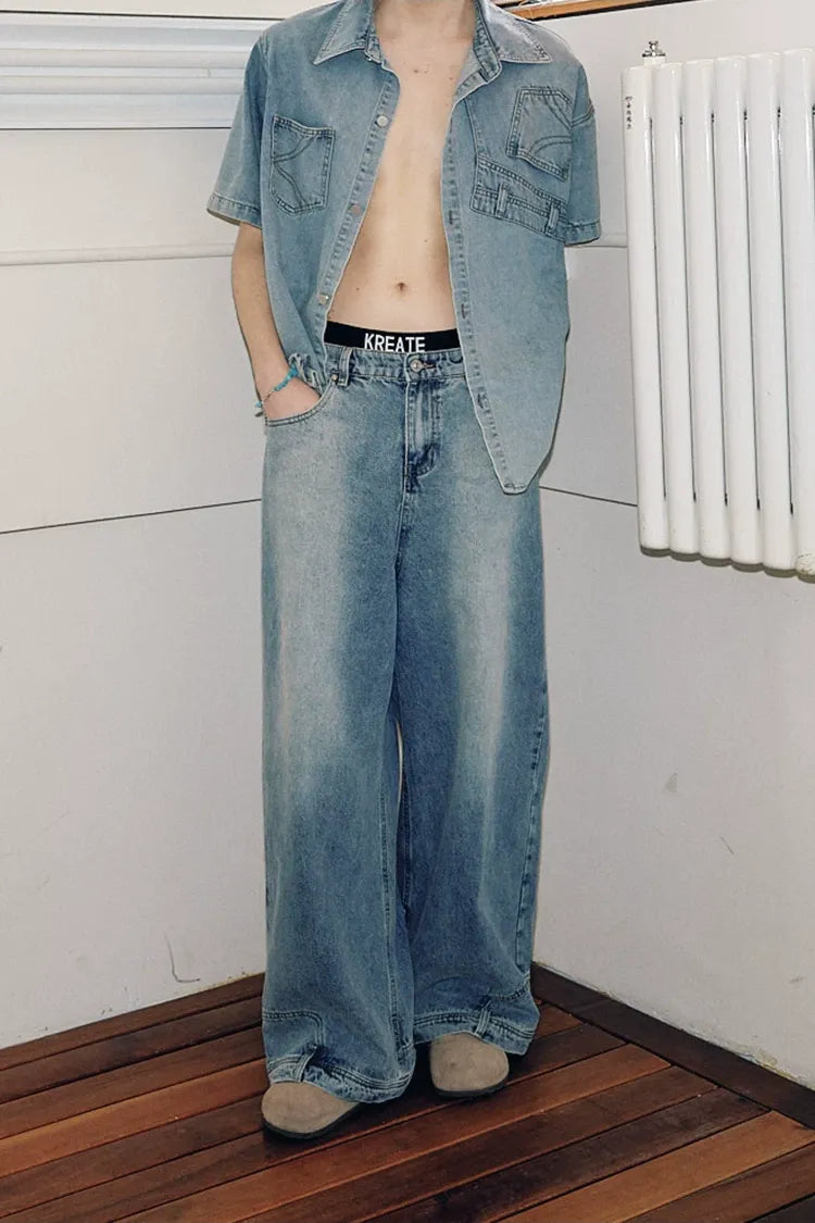 Washed Denim Wide-Leg Jeans