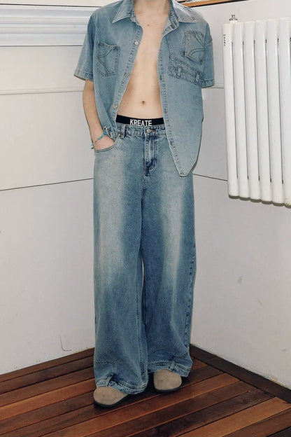 Washed Denim Wide-Leg Jeans