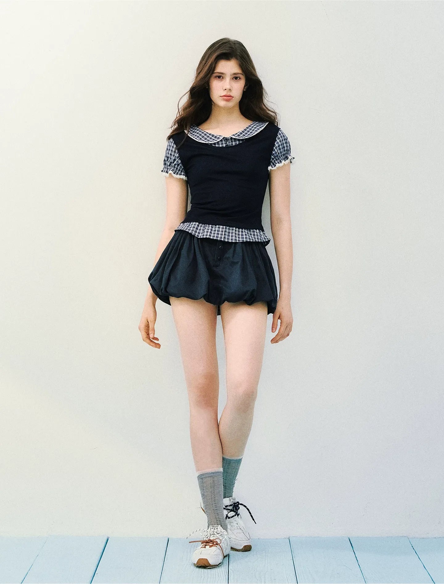 Navy Petal Pleated Skirt