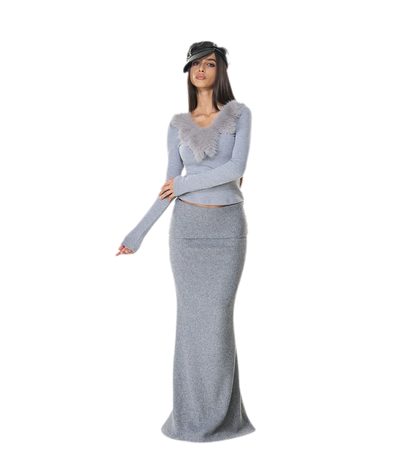 Bộ chân váy len cổ chữ V sâu gân rộng