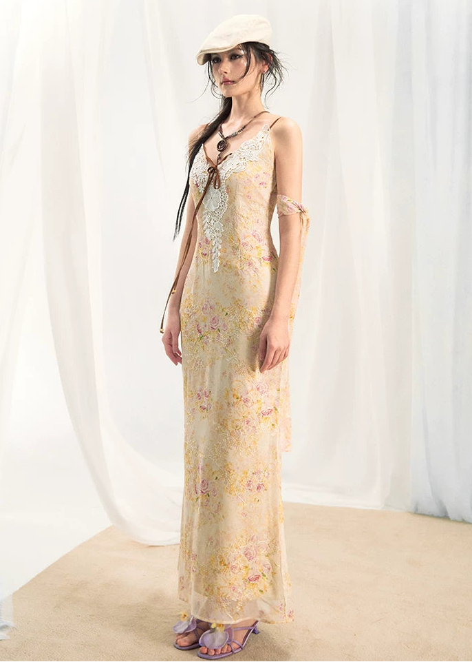 Iris Floral Lace Trim Vintage Dress
