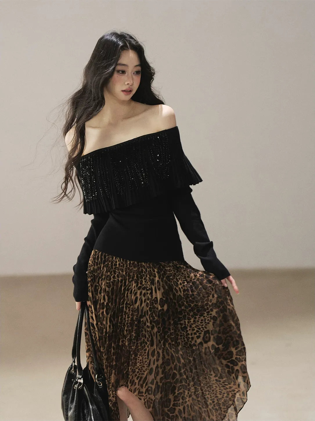 Pleated One-Shoulder Long-Sleeve Top
