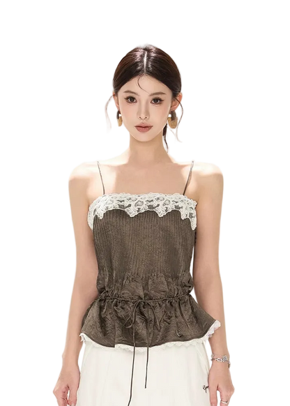 South France Holiday Contrast Lace Trim Ruffle Camisole