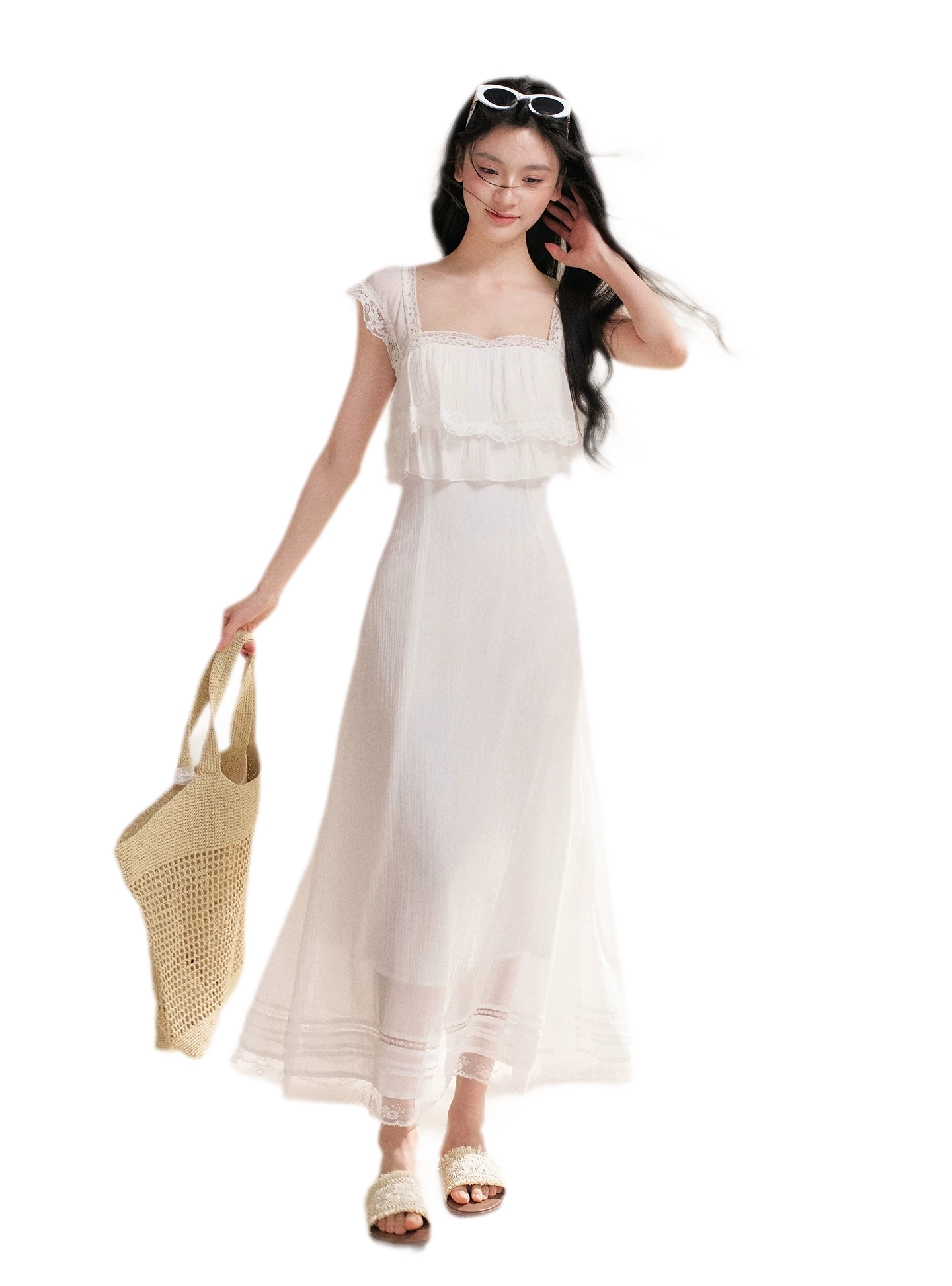 Lace Ruffle Waist Long Dress