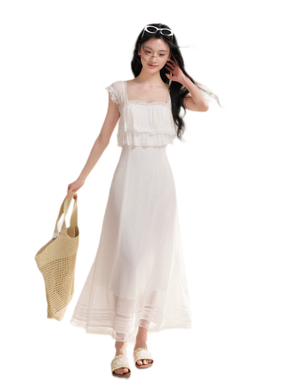 Lace Ruffle Waist Long Dress