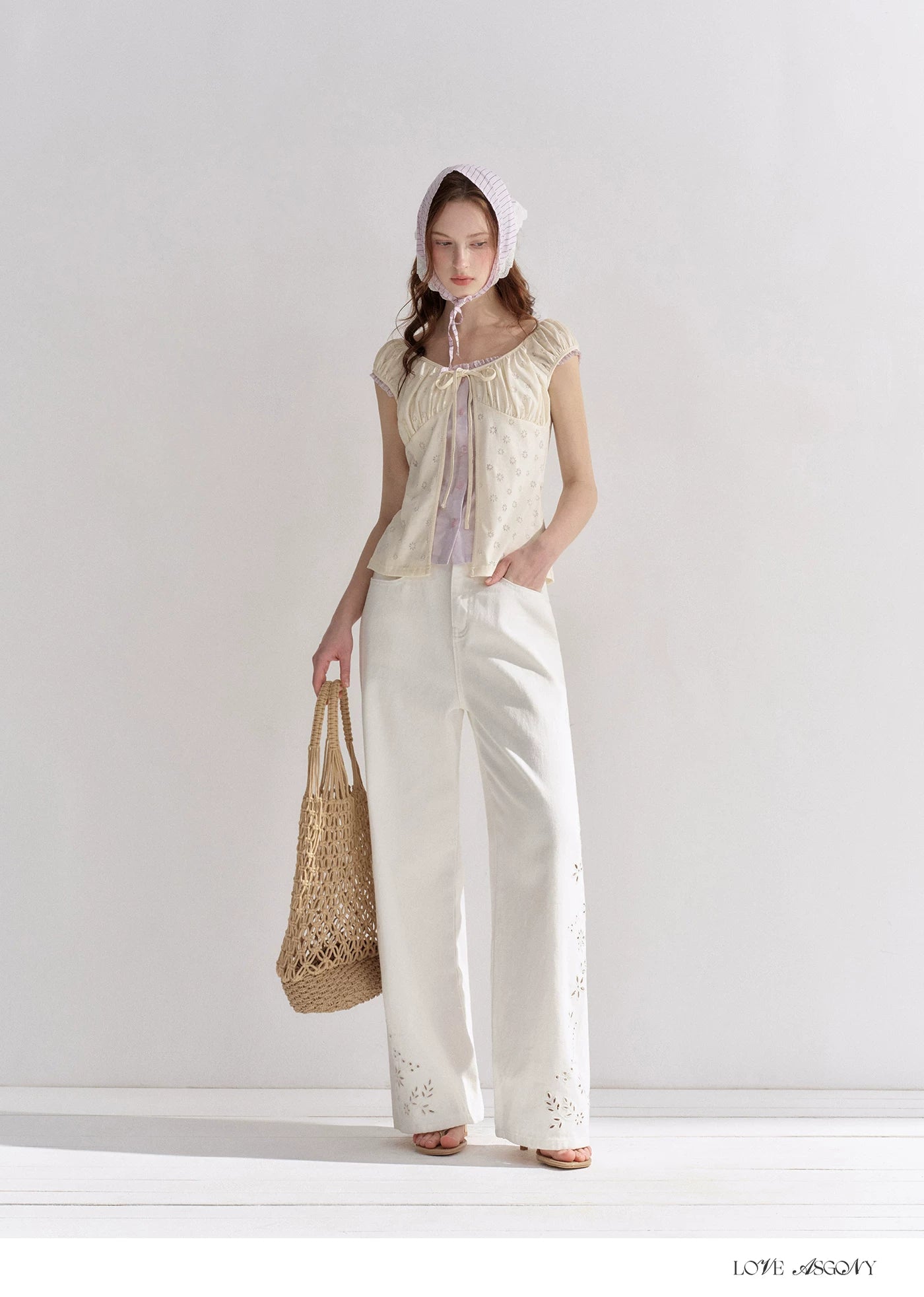 Two-Layer Floral Cutout Contrast Tie-Front Blouse