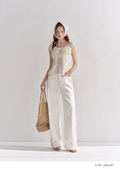 Two-Layer Floral Cutout Contrast Tie-Front Blouse
