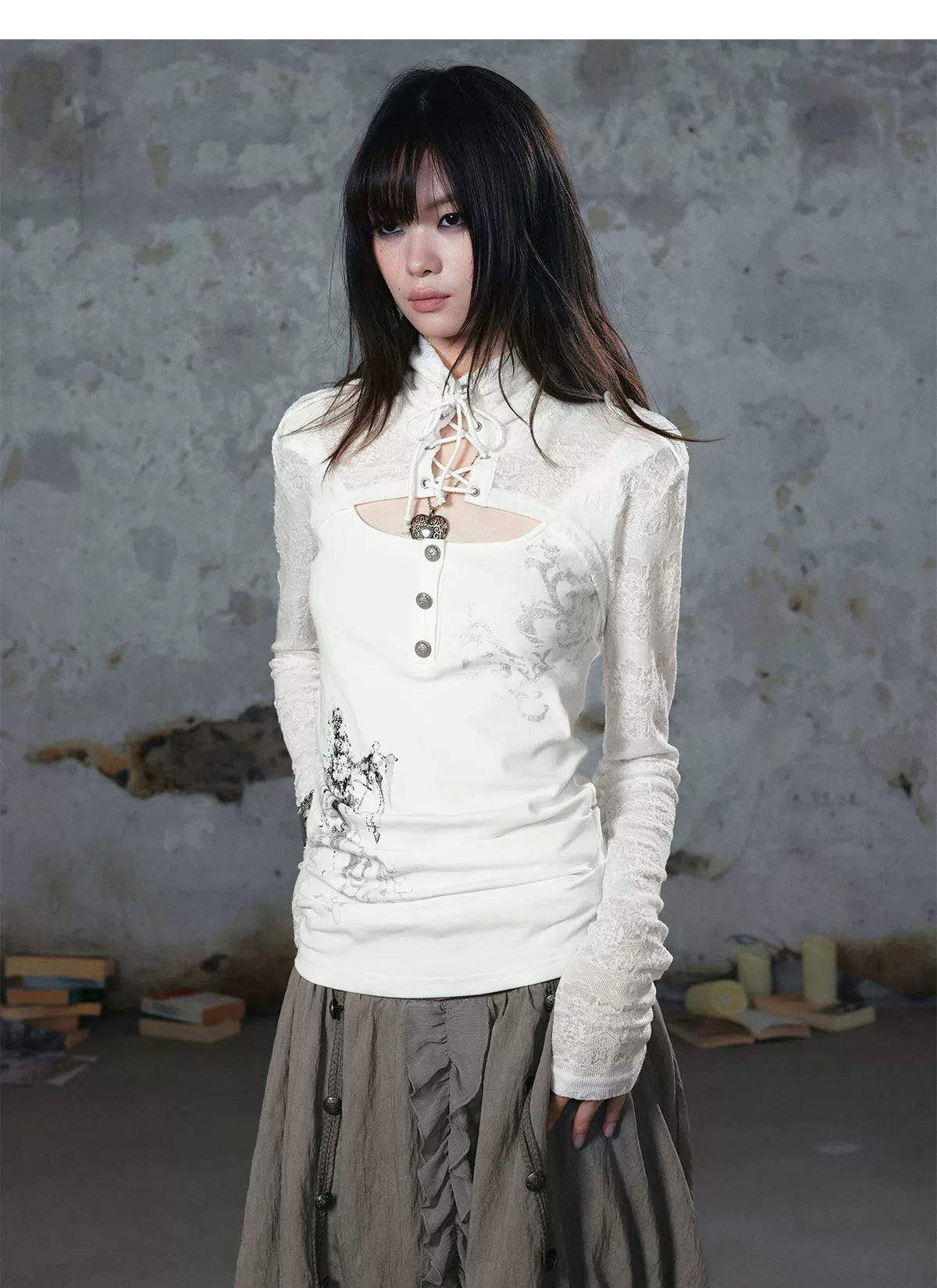 Silver Foil Gothic Lace-Up Top