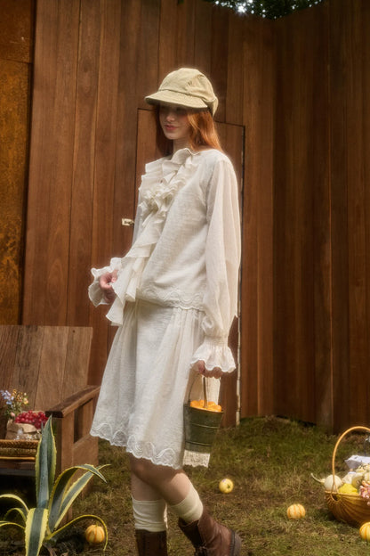 Embroidered Ruffle Blouse Skirt Set