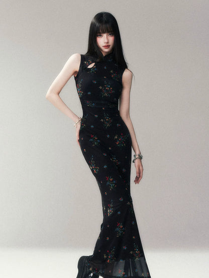 Dark Floral Mesh Qipao Dress