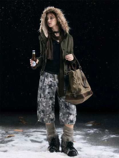 Washed Quilted Fur-Trim Hooded Jacket