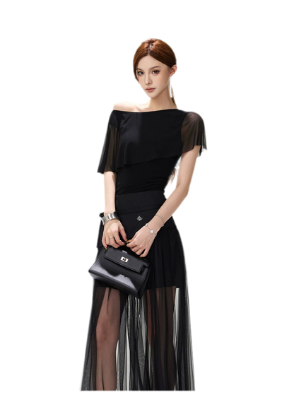 Sheer Ruffle One-Shoulder Top