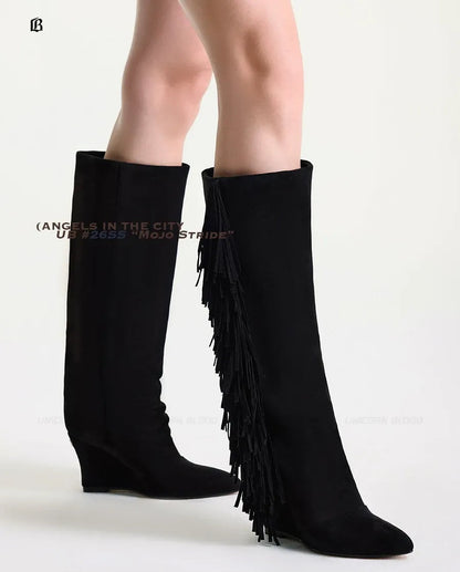 Suede Fringe Wedge Boots