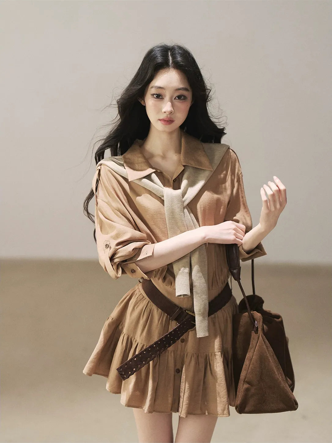 High-Waist Ruffle Shirt Dress