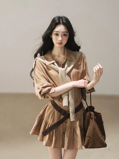 High-Waist Ruffle Shirt Dress