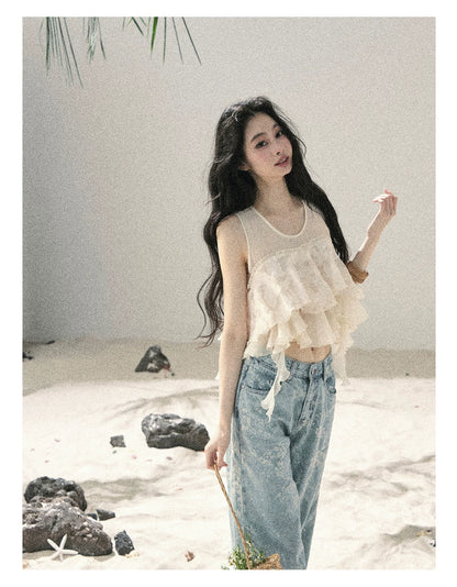American Style Rhinestone Floral Denim Pants
