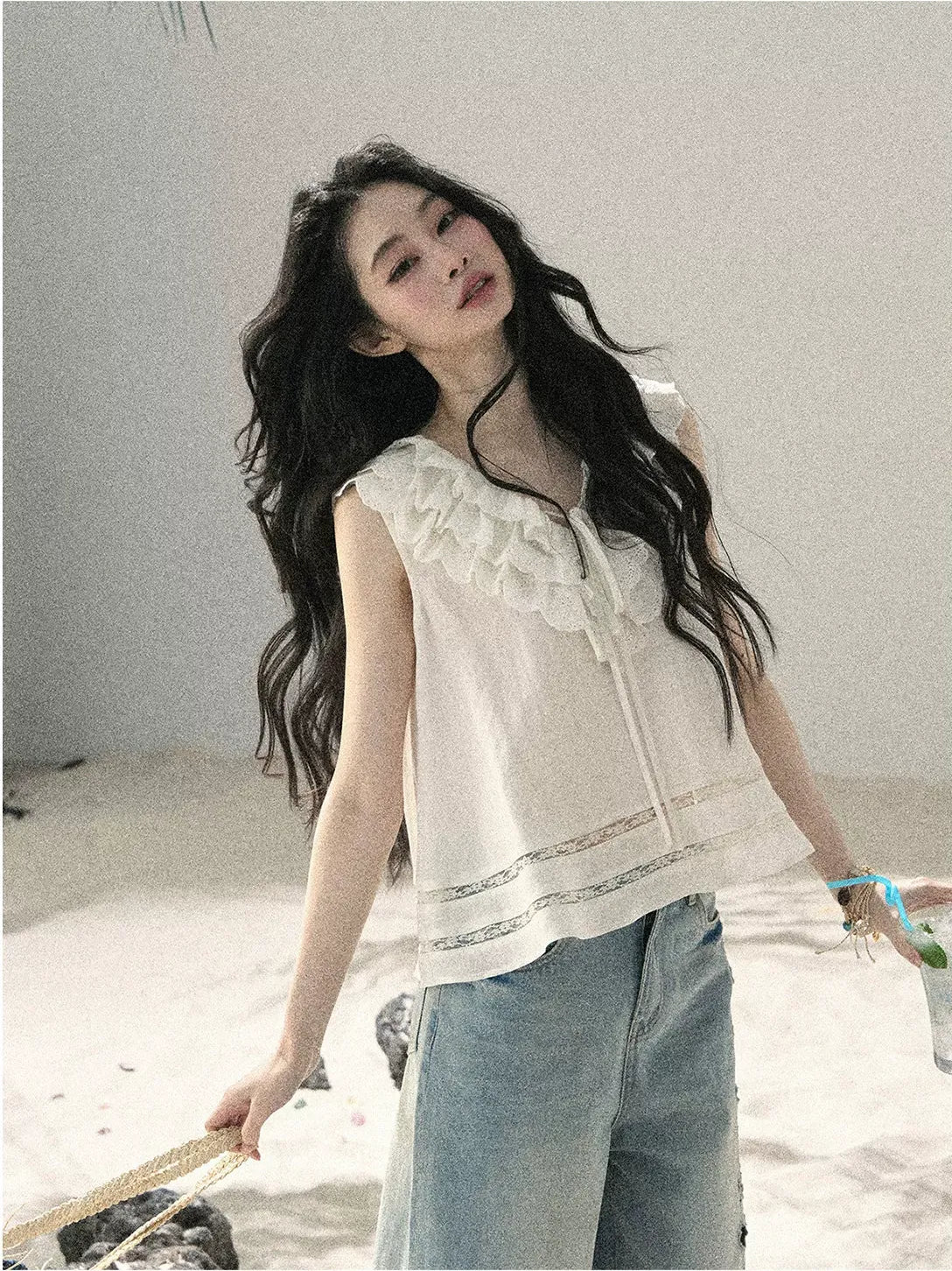 Flowing Moonlight Lace Ruffle Short Blouse