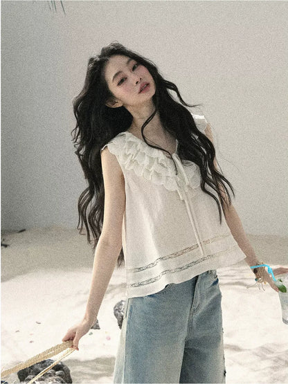 Flowing Moonlight Lace Ruffle Short Blouse