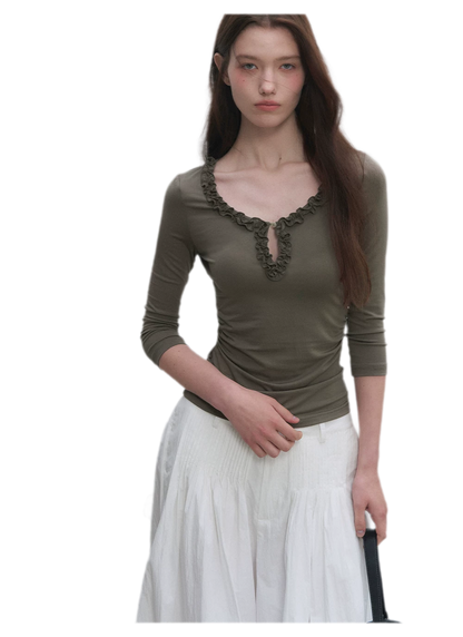 Ruffled Neck Stretch Tee