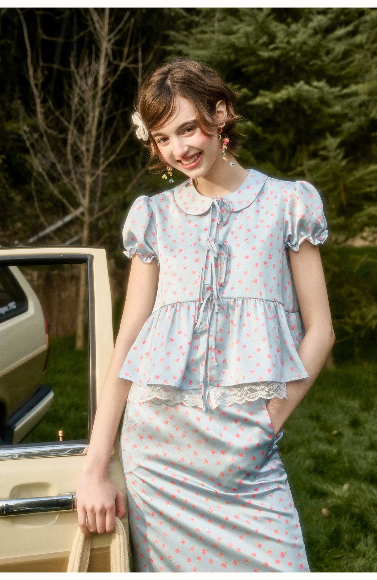 Soft Misty Blue Doll Collar Satin Floral Shirt