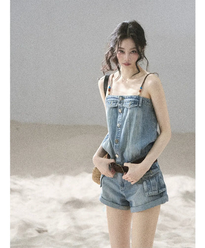 Washed Denim Jumpsuit Shorts