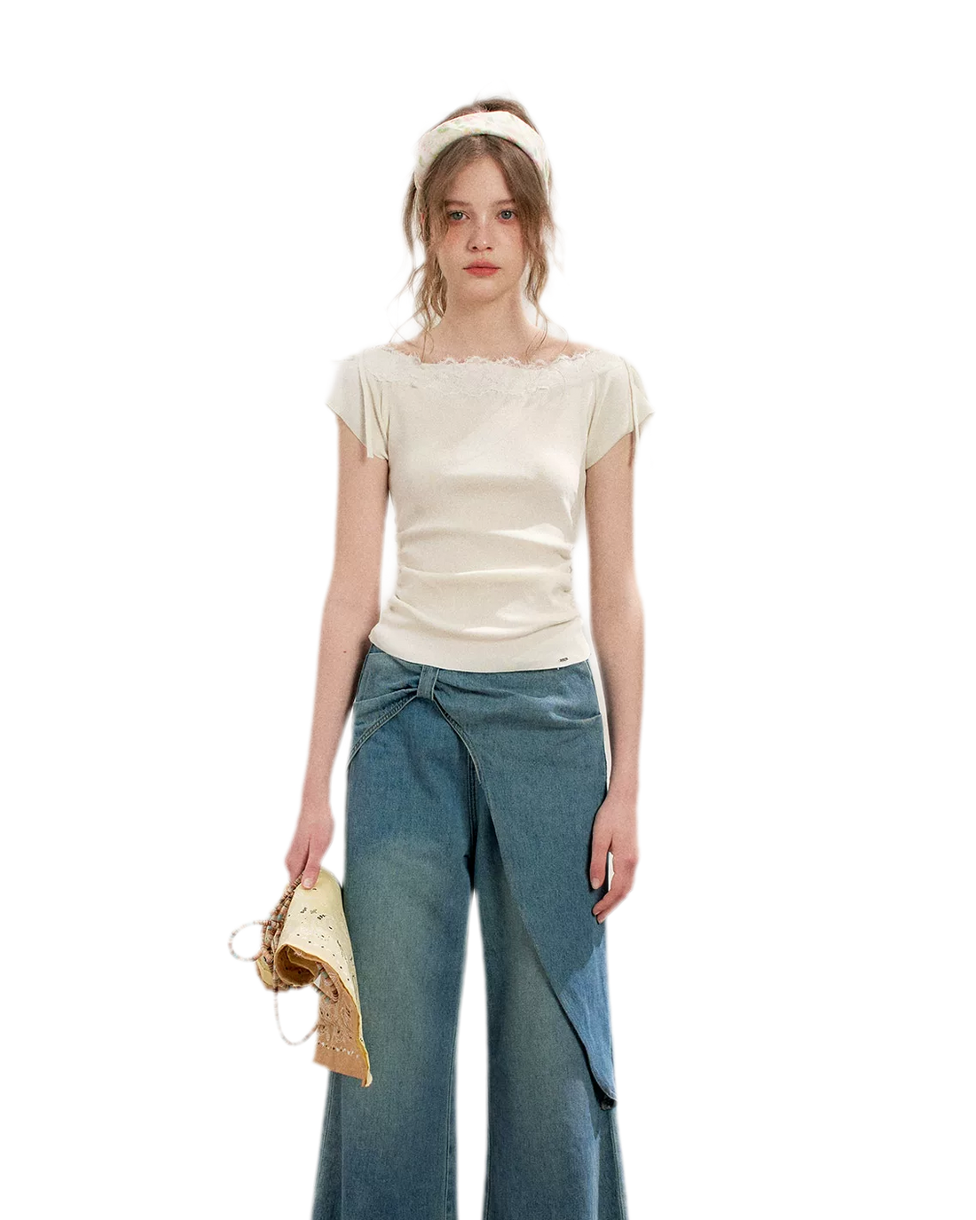 Lace Trim Off-Shoulder Knit Top &amp; Denim Pants