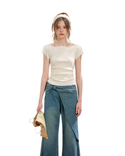Lace Trim Off-Shoulder Knit Top &amp; Denim Pants