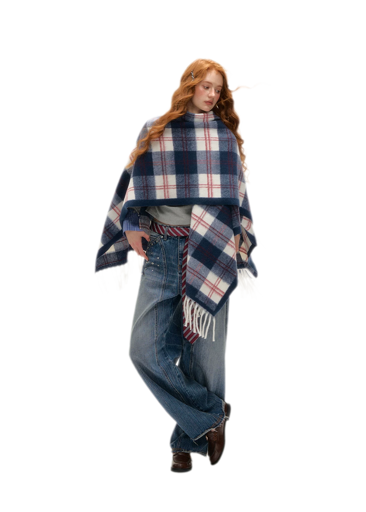 Vintage Plaid Fringed Shawl