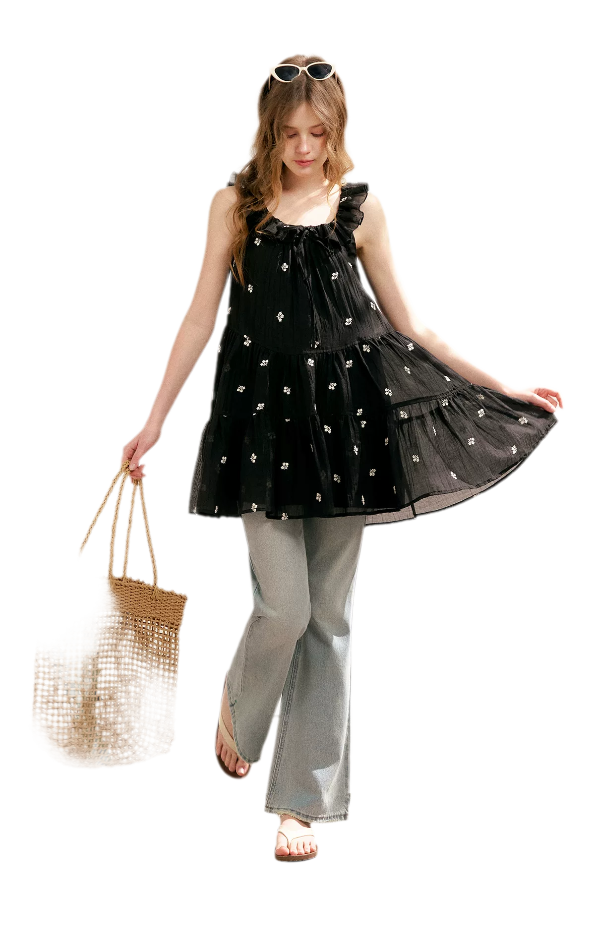 Tencel Embroidered Ruffle A-line Dress