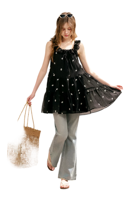 Tencel Embroidered Ruffle A-line Dress