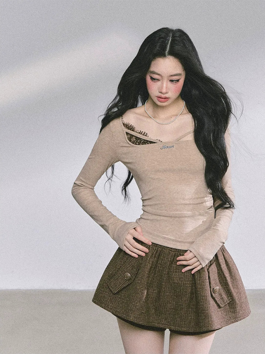 Lace Panel Fitted Long-Sleeve Top