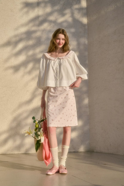 Floral Puff-Sleeve Blouse Skirt Set