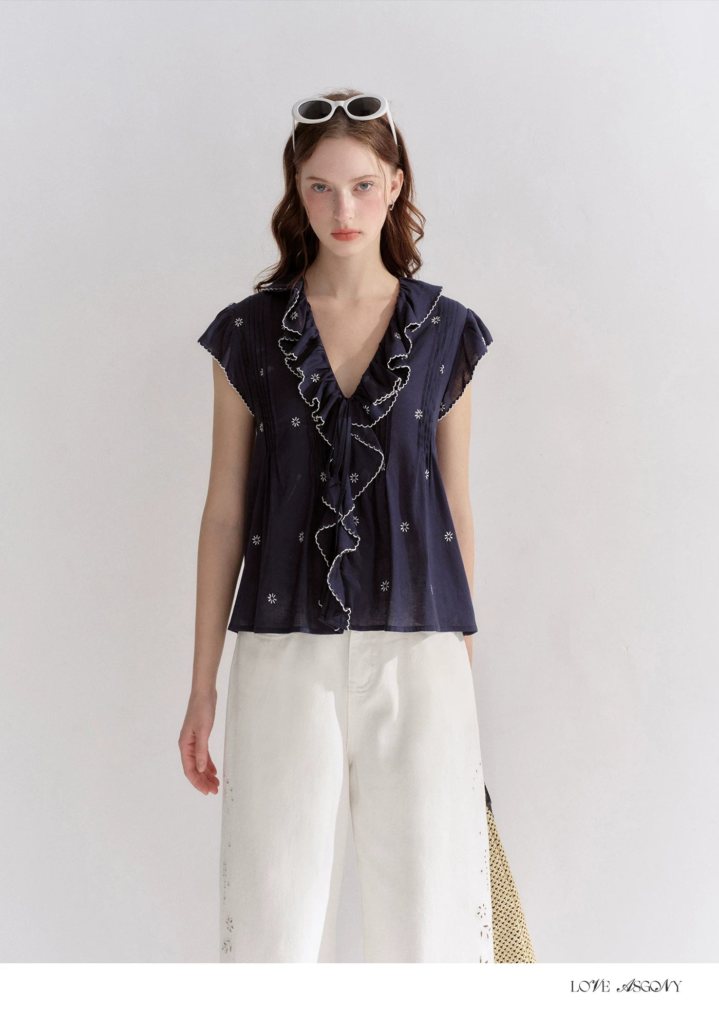 Cotton-Feel Embroidered Ruffle Sleeve Blouse