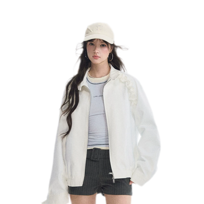 Ruffled Stand Collar Harrington Jacket