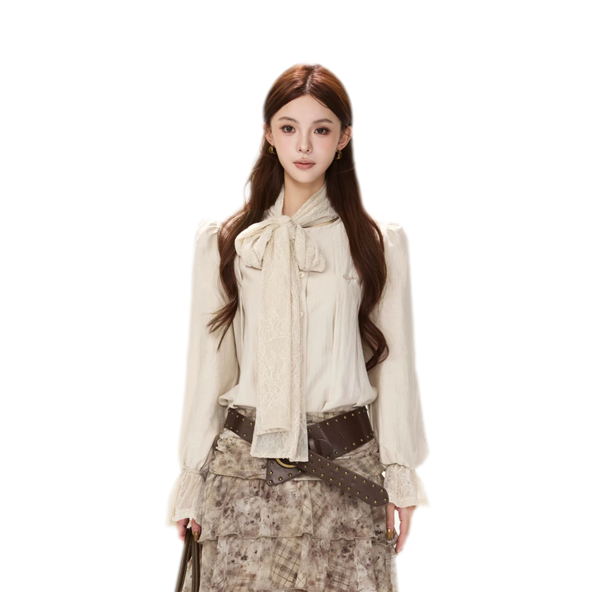 Textured Lace Tie Collar Blouse
