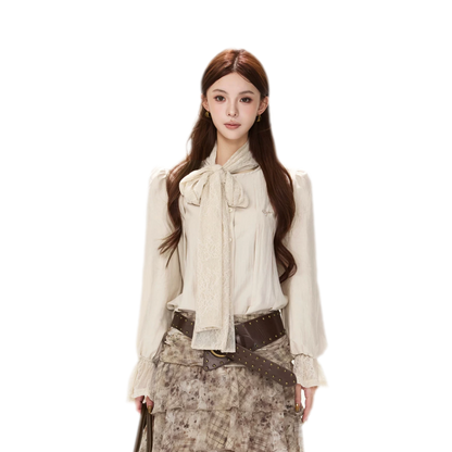 Textured Lace Tie Collar Blouse