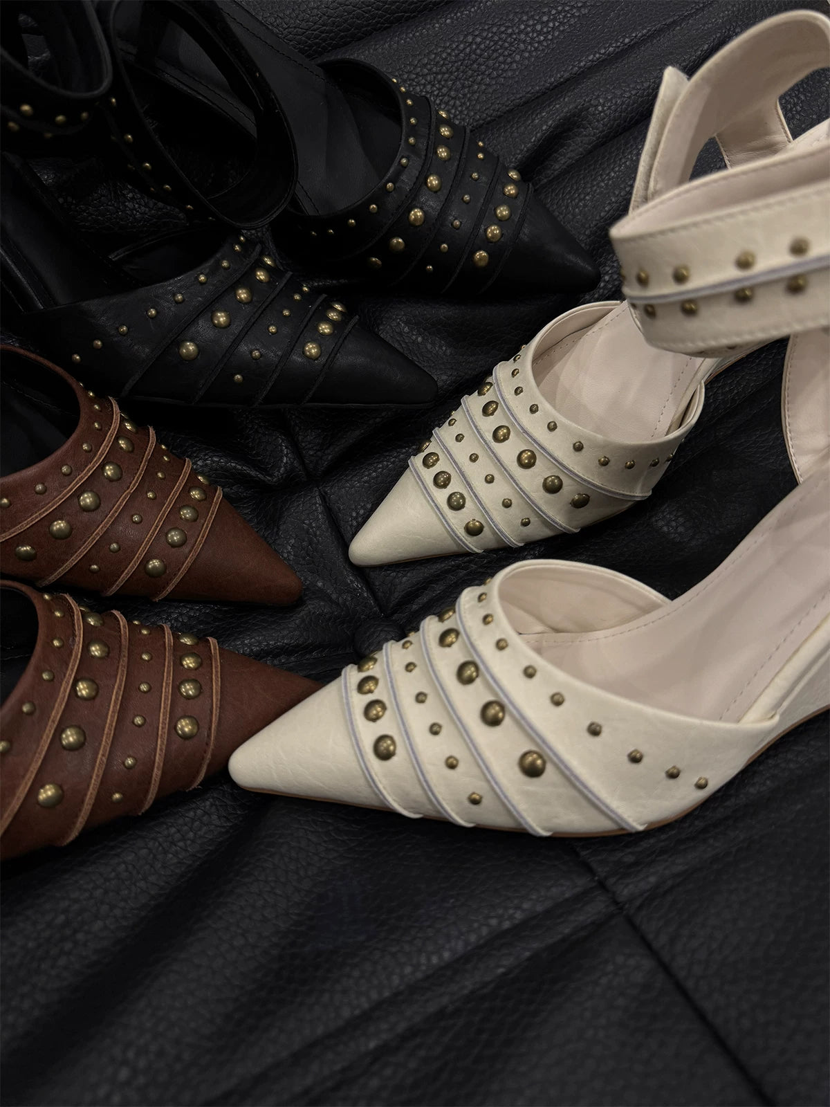 Studded Pointed-Toe Wedge Sandals