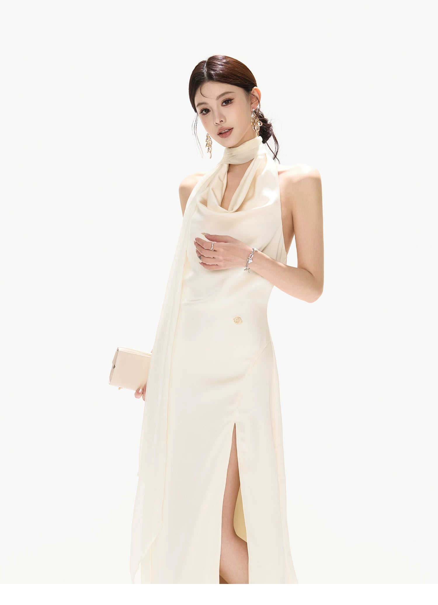 French Style One-Shoulder Backless Halter Long Dress