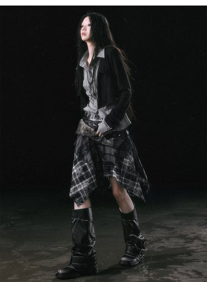 Star Plaid Raw-Edge Skirt