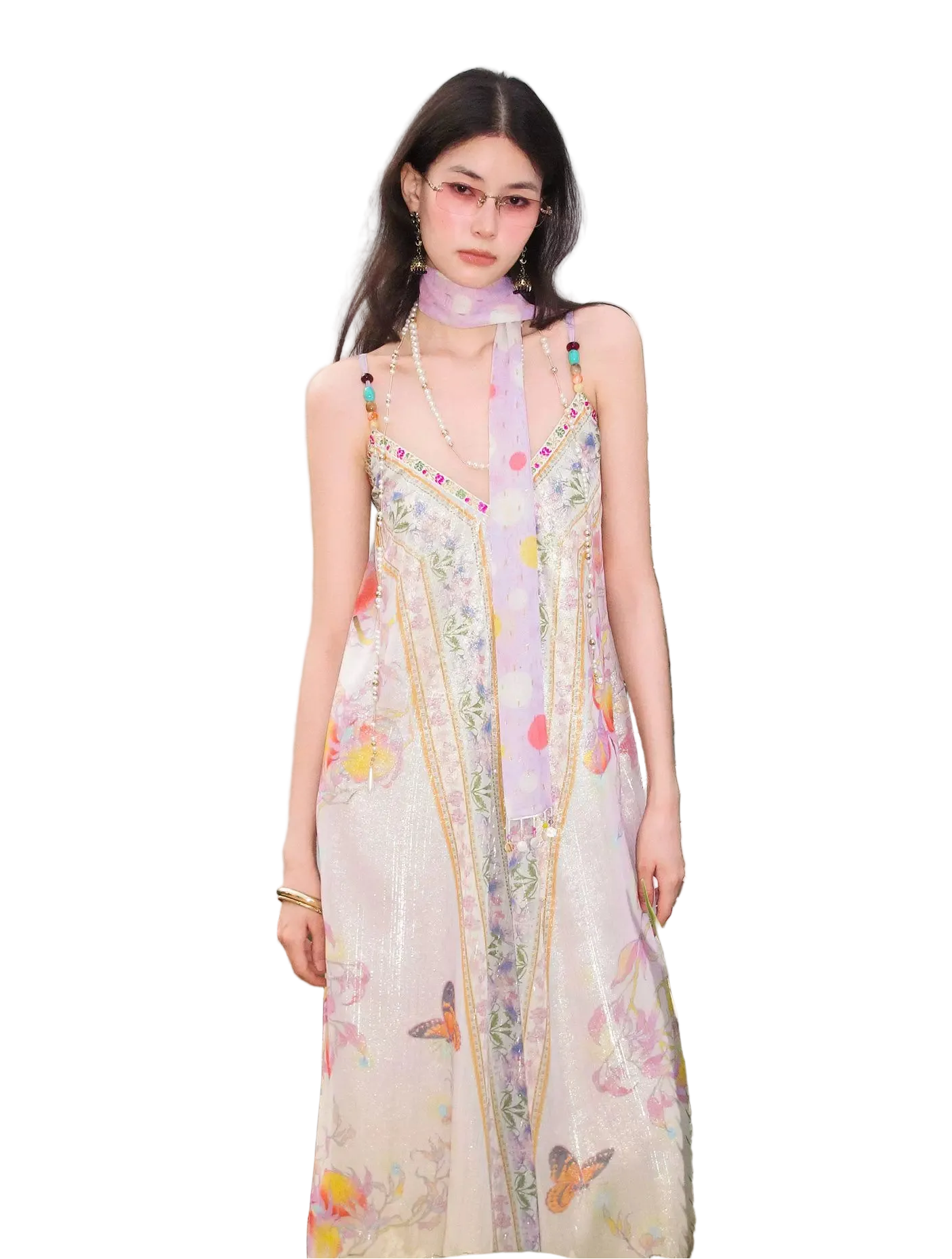 Peach Branch Print Metallic Chiffon Dress