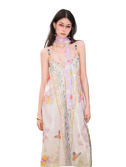 Peach Branch Print Metallic Chiffon Dress