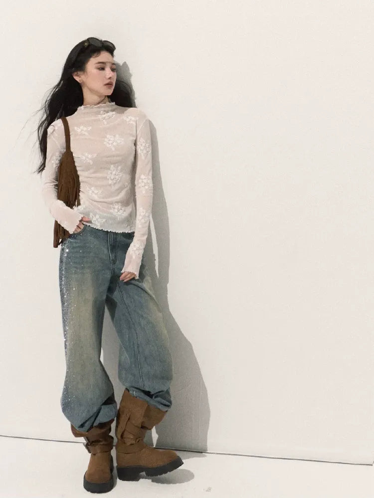 Textured Lace Mock Neck Top