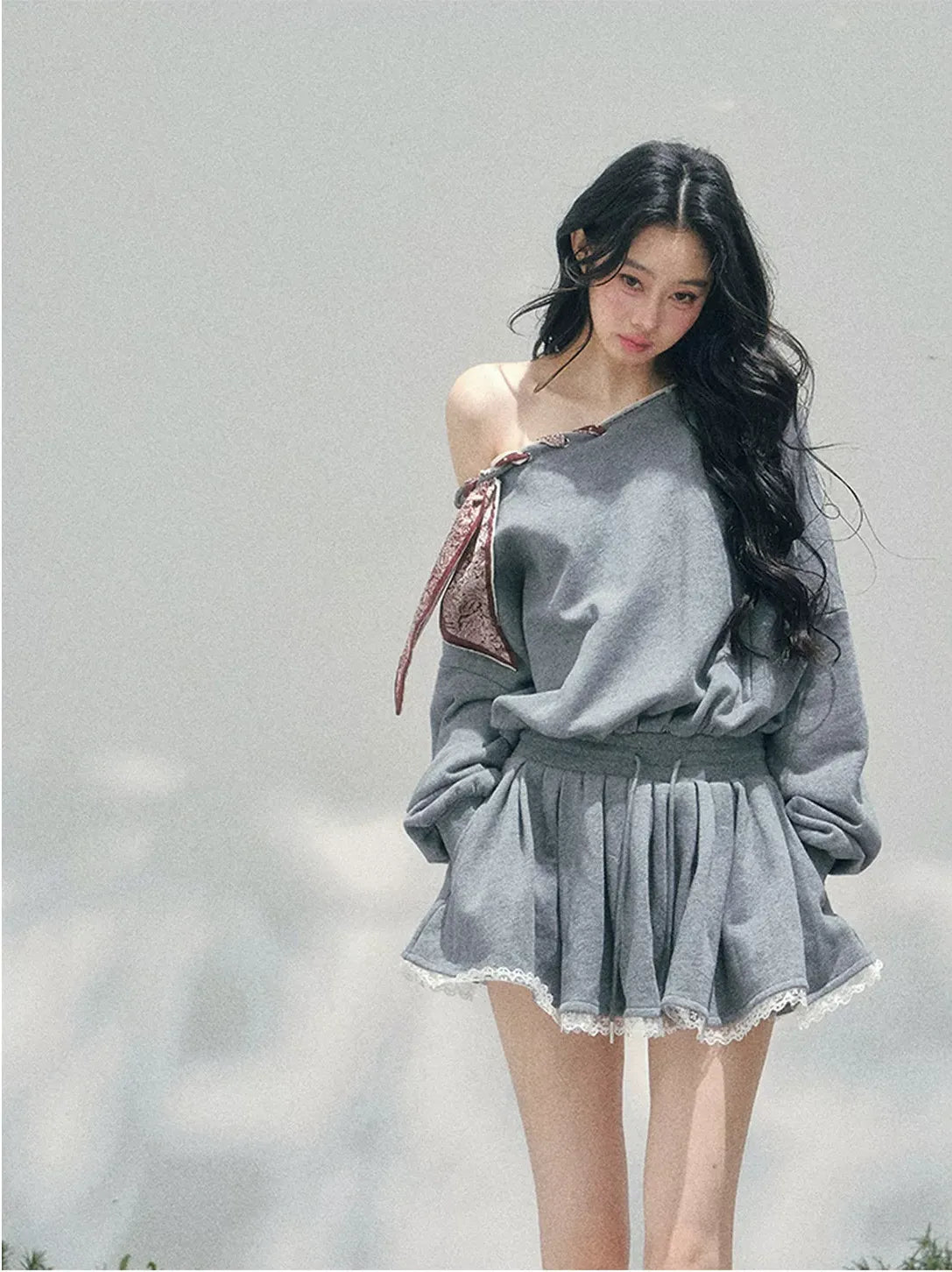 Lace Off-Shoulder Sweatshirt Dress
