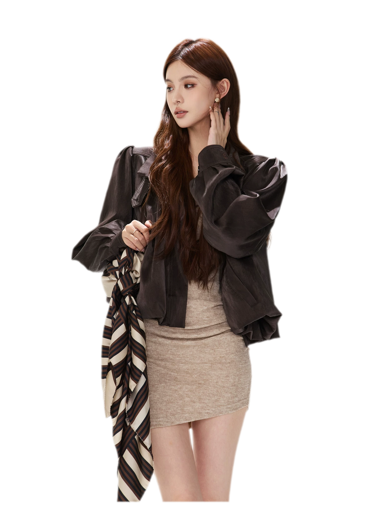 Veste courte froncée en cuir PU