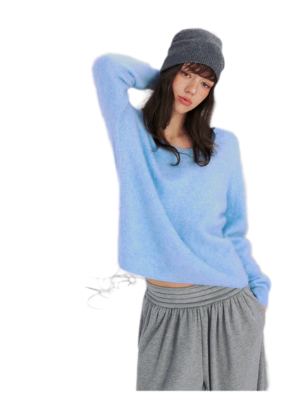 Flauschiger Mohairpullover mit V-Ausschnitt
