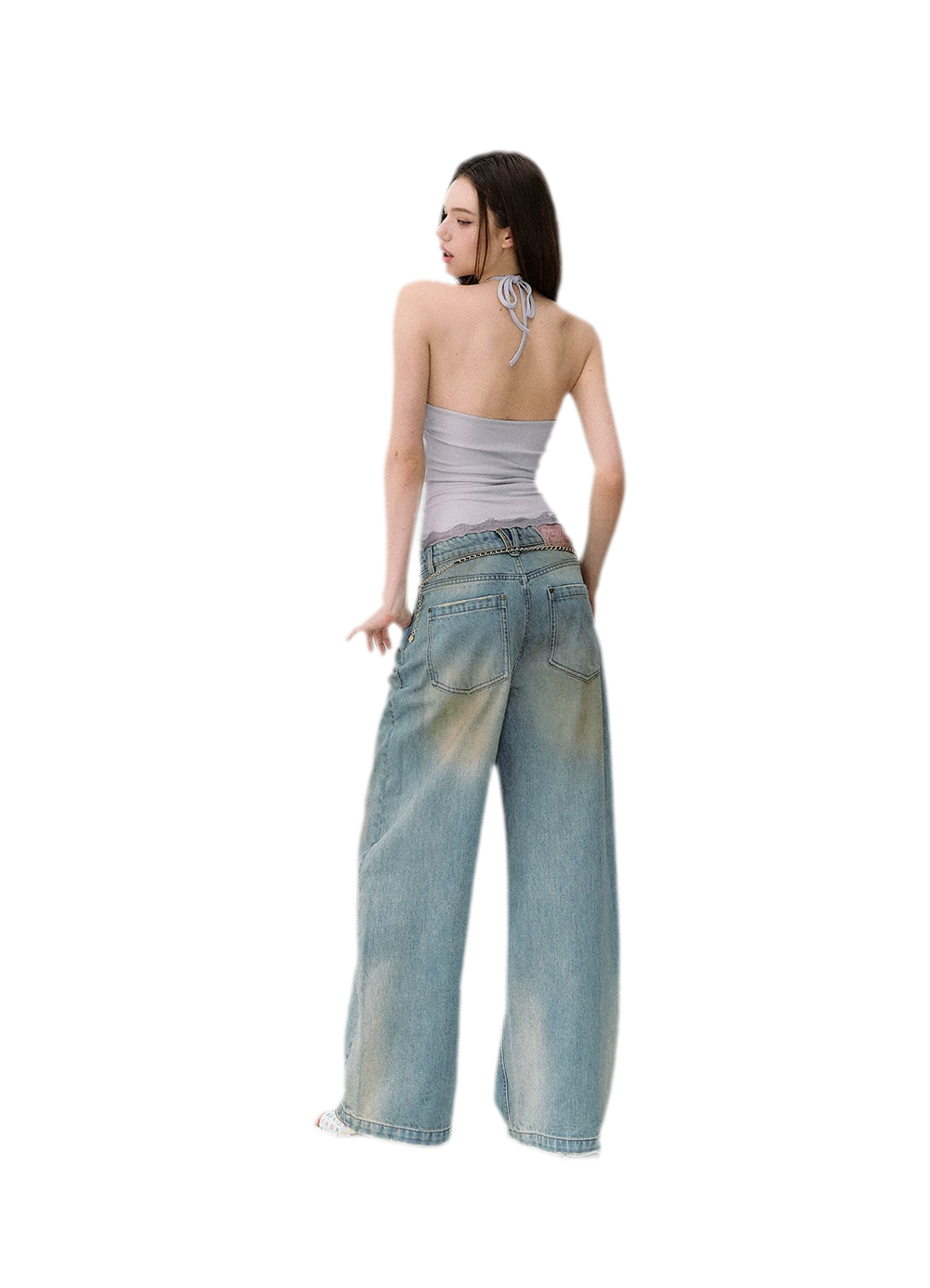 Denim Halter Top and Wide-Leg Jeans Set