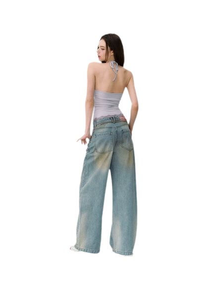 Denim Halter Top and Wide-Leg Jeans Set