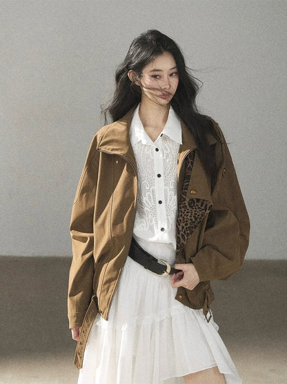 Matte Suede Leopard Bomber Jacket